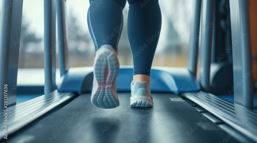 Overweight woman running on a treadmill in a gym, close-up. The concept of weight loss and a healthy lifestyle
