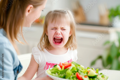 Mother persuading crying girl to eat healthy vegetable salad in the kitchen photo