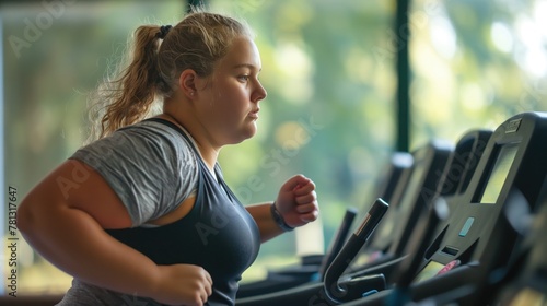 Fat woman wearing a gray sportwear running on a treadmill in the gym. The concept of weight loss and a healthy lifestyle photo