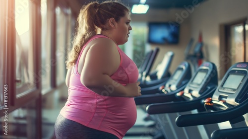 Fat woman wearing a pink sports jersey running on a treadmill in the gym. The concept of weight loss and a healthy lifestyle