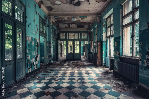 Decaying hallway in an abandoned building, broken windows peeling paint, eerie blue decrepit interior, urban exploration photo