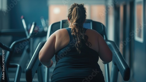 Rear view of fat woman wearing a gray sportwear running on a treadmill in the gym. The concept of weight loss and a healthy lifestyle photo