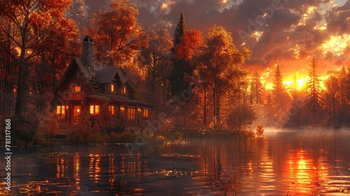 Rustic Lakeside Cabin Retreat Amidst Autumn s Fiery Splendor at Sunset photo