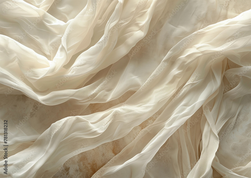 A closeup of white gauze material, with the texture of light and flowing fabric, draped over an old stone table in warm tones. The soft natural lighting A closeup of white gauze material, with the texture of light and flowing fabric, draped over an old stone table in warm tones. The soft natural lighting