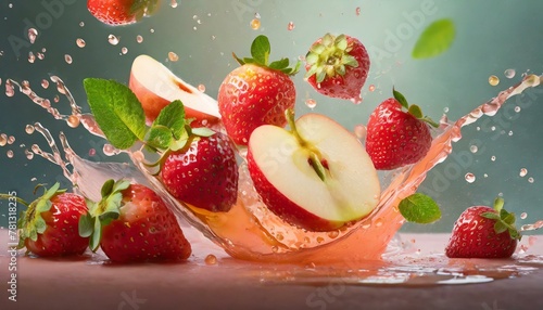 Apples ans strawberries, fruit falling in a splash of juice photo