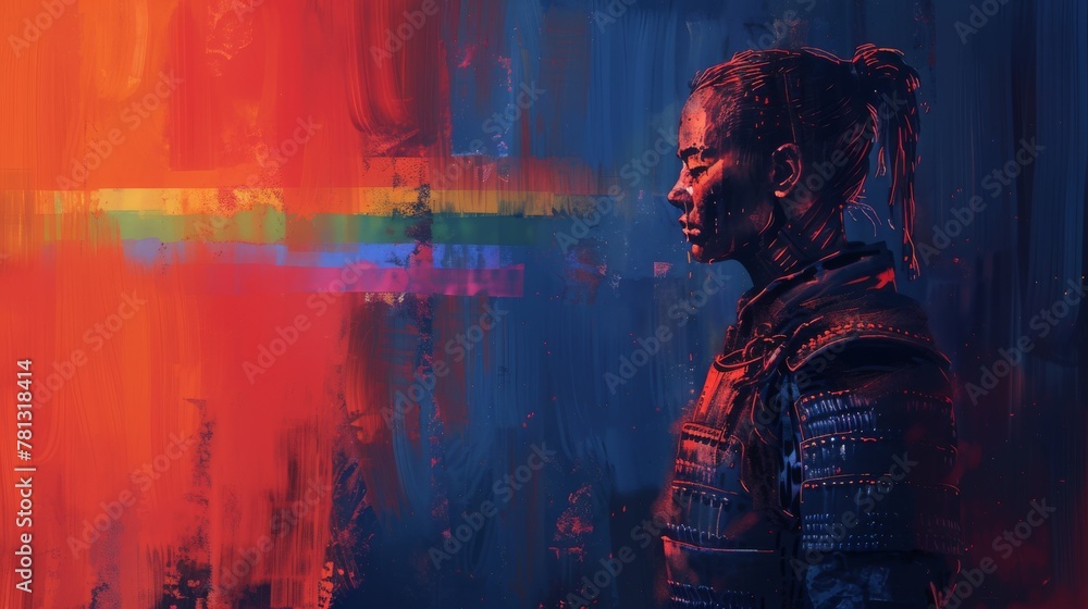 A samurai and cyborg melding under a rainbow, set against a dark blue and red background. Minimalist design with emphasis on negative space.