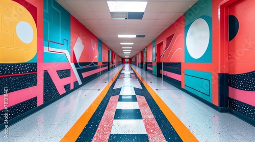 Vibrant high school hallway filled with abstract patterns in Living Coral, Storm Gray, and Forest Biome colors. Minimal white space, energetic atmosphere.