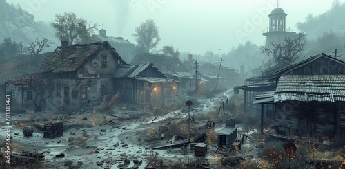 A once peaceful village overtaken by nature's fury, now a raw and exotic wasteland where survival is a struggle amidst chaos.
