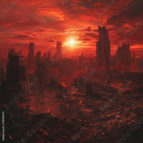 A post-apocalyptic city in the 21st century, devastated by disease, stands in ruins beneath a blood-red sky, yet clings to hope for a better future. photo