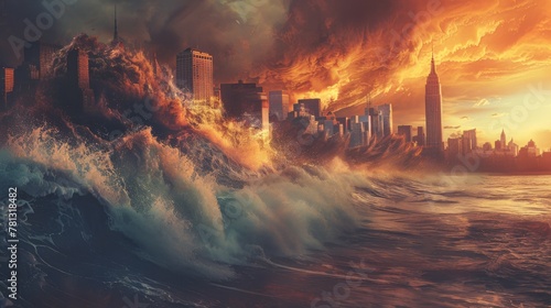A city in ruins, consumed by a massive tidal wave, a feeling of hopelessness prevailing. An apocalyptic scene captured with raw intensity. photo