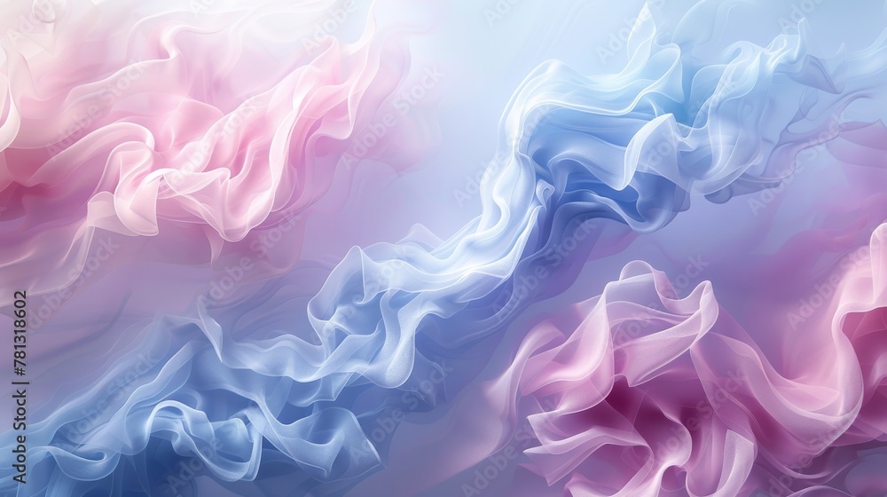 A minimalist, abstract background featuring fog and cosmetic elements in blue and pastel pink, creating a dynamic pattern with emphasis on negative space.