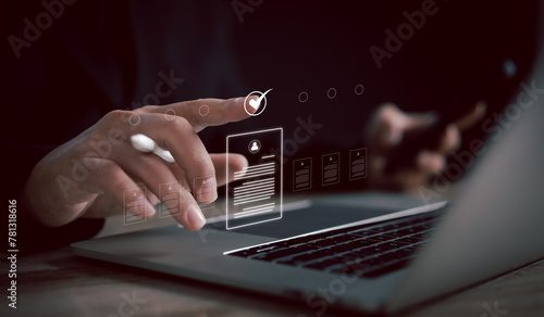 Recruitment people or Human Resource Management (HR) concept: businessman uses a laptop for human development, recruitment, leadership, and targeting the customer group to fill positions the company	