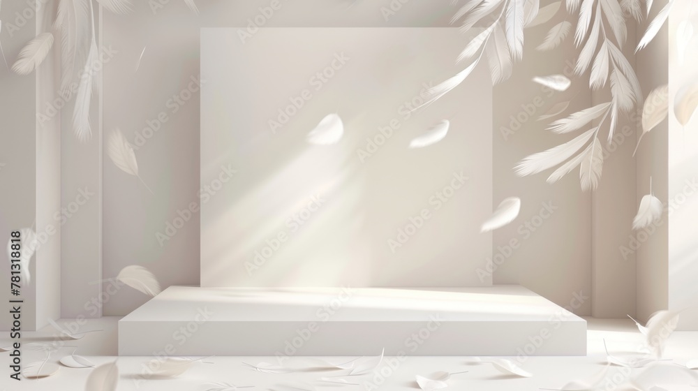 Fototapeta premium Serene White Feather Display with Soft Lighting and Elegant Podium.