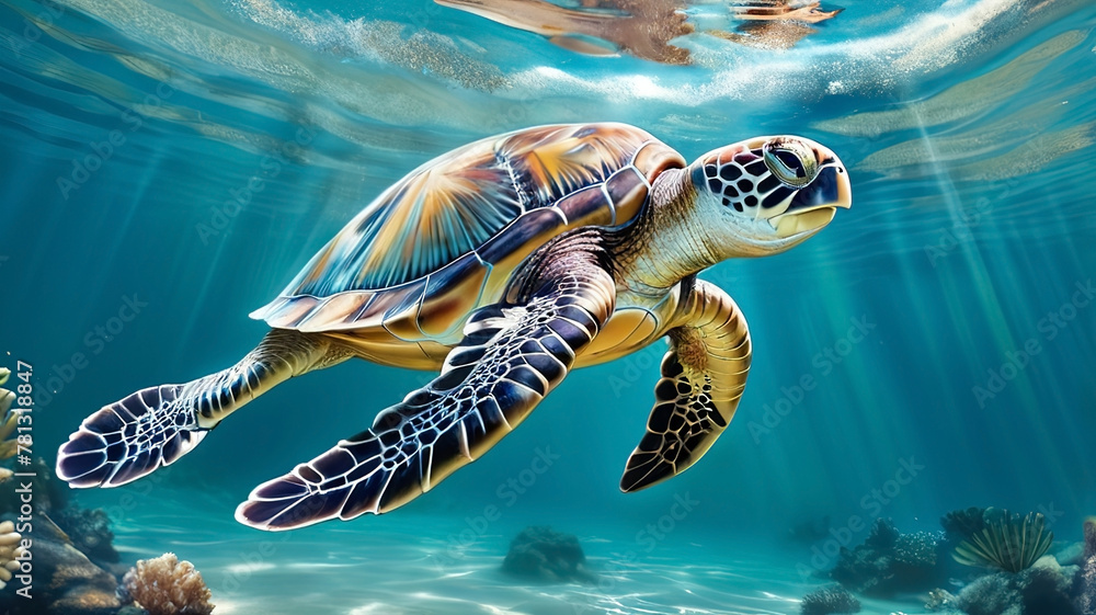 Fototapeta premium Sea turtle. Happy swimming under the beautiful sea water. Turtle marine animal