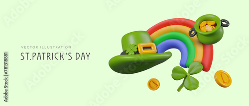 Funny plasticine style rainbow, leprechaun hat, pot of gold, coins, shamrock