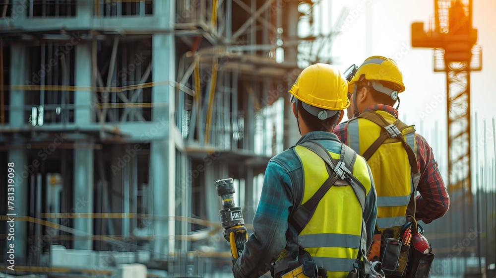 Industrial workers with safety gear. Construction worker in reflective vest and helmet at a building site with sun flare. Industrial workers with safety gear. Construction worker in reflective vest and helmet at a building site with sun flare.