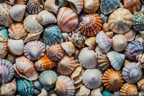 Pastel seashells in a big pile spread out, shells background