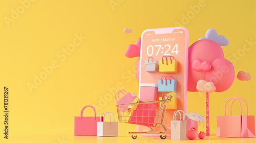 Vibrant Shopping Concept with Cart and Mobile on Yellow Background