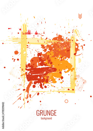 Colorful abstract poster with geometric frame painted with a brush. Red and orange splashes of ink and paint on a white background. Grunge background. Vector image.