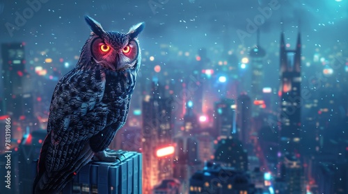 Cybernetic Owl Surveying Futuristic Neon Lit Metropolis from Towering Skyscraper
