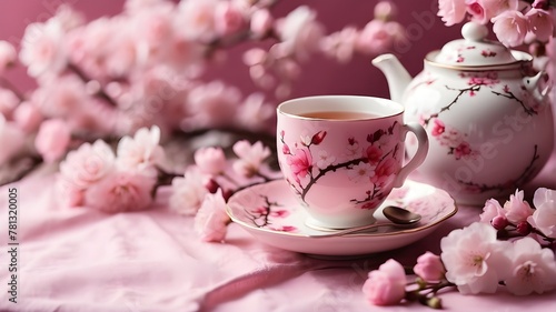 A cup of tea on a pink cloth beside cherry blossom branches