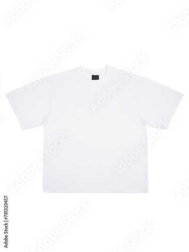 White cotton t-shirt mockup with black empty label isolated on white background, top view, front view.. © finepoints