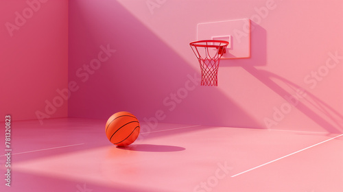 Pink Basketball Court with Shadow Casting on Floor and Ball