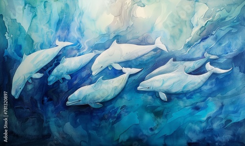 Watercolor painting of a pod of dolphins swimming underwater in ocean park. Use for wallpaper, posters, postcards, brochures. © ongart