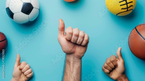 Collection of sports balls and thumbs up gestures on a turquoise background