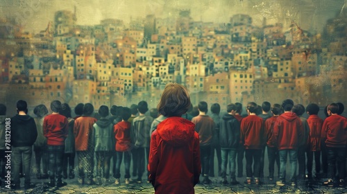 Group of children in jackets observing a densely populated urban landscape photo