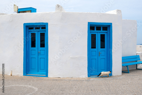 White blue facade of Greek building in Mandraki port on the island of Nisyros. Dodecanese, Greece