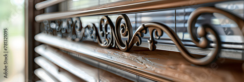 A detailed shot of wooden blinds on a window, showcasing the intricate pattern of the wood grain and the metal grille accents