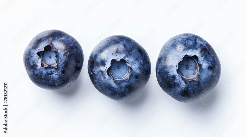 Set of fresh blueberries isolated on a white background, top view, presenting a lush display of plump, juicy blueberries that captivate with their deep blue hues and natural, dewy freshness. 