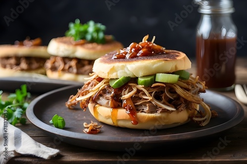 A rustic, farmhouse-style lunch with a toasted English muffin topped with tender pulled pork, tangy BBQ sauce, and crispy fried onions.