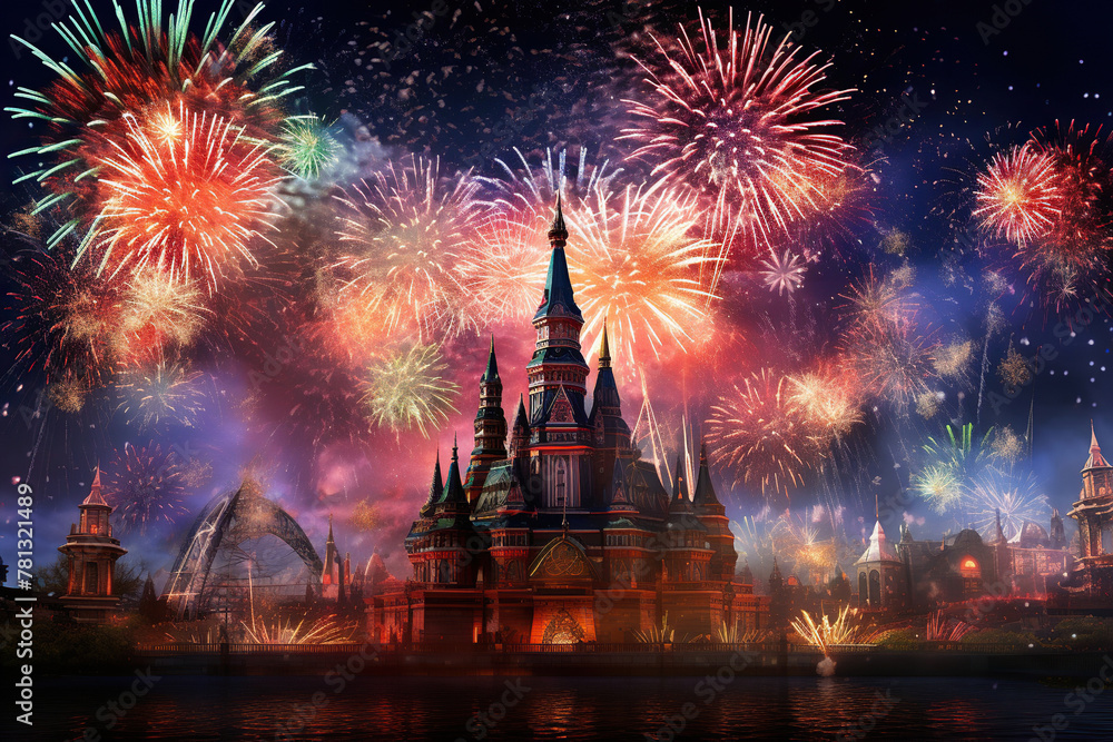 Naklejka premium Generative ai on theme festive brightly fireworks on twilight background high in dark sky