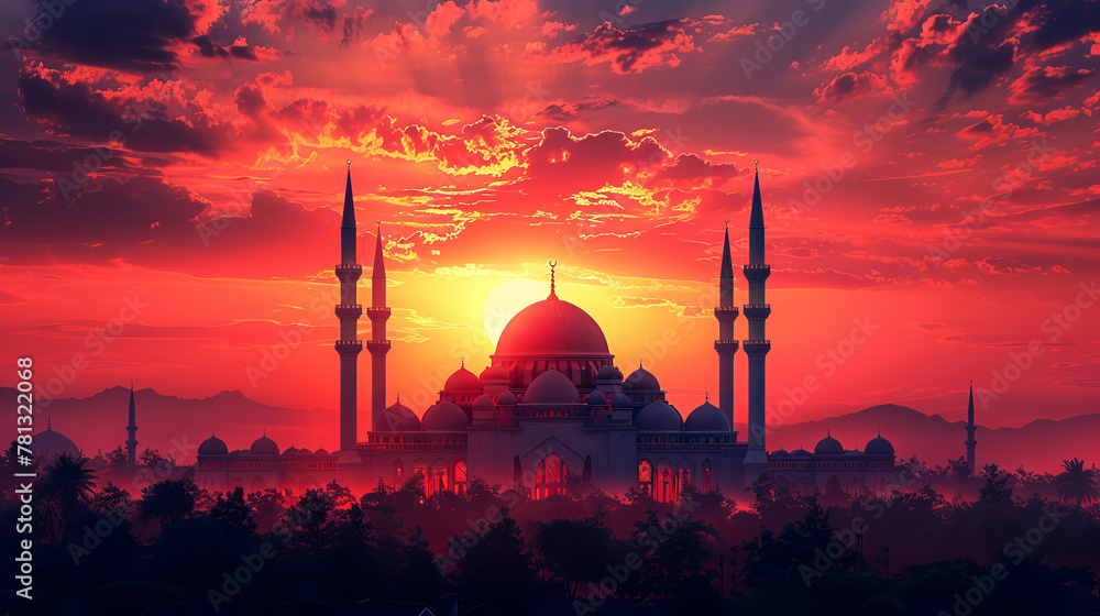 Mosque silhouette against a sunset sky, symbolizing Eid al-Adha's spiritual significance.