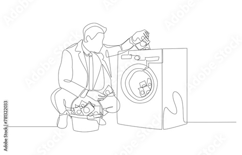 Continuous one line drawing of businessman putting banknotes into washing machine, money laundering concept, single line art.
