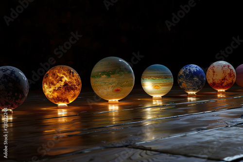 Generative ai on theme of parade of planets in solar system, bright stars glow in atmosphere photo