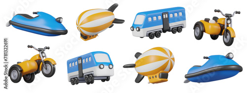 Collection of land, water and air vehicles. Colored vector objects in different positions
