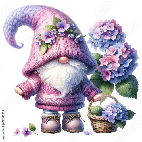 Garden Gnome with Hydrangeas Illustration.
