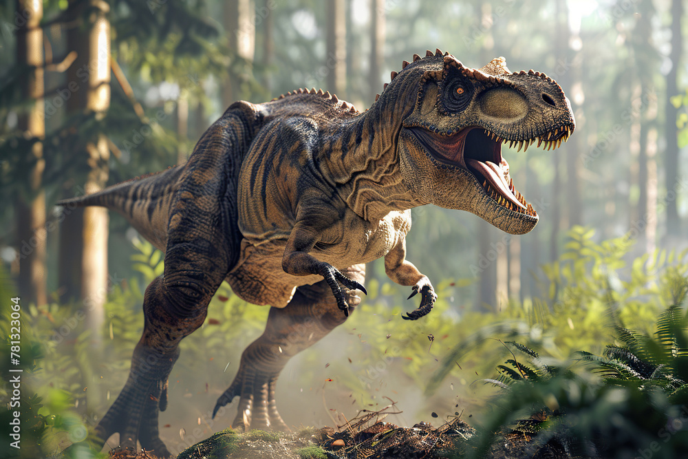Generative ai on theme of big scary hungry dinosaur with kind eyes and sharp teeth destroying park Generative ai on theme of big scary hungry dinosaur with kind eyes and sharp teeth destroying park