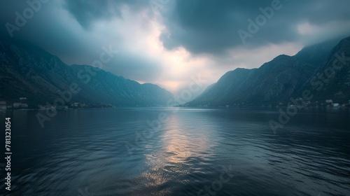 A serene lake with towering mountains