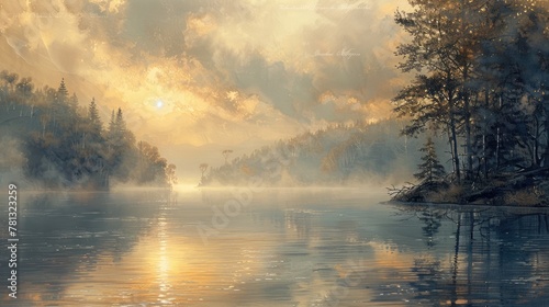 Serene Lakeside Scene at Dawn Tranquil Misty Waters Reflecting Soft Natural Light and Peaceful Woodland Surroundings