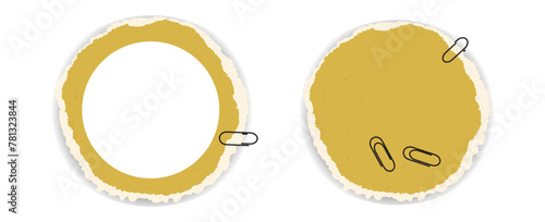 Two round frames made of torn paper and several paper clips nearby. One frame - with empty circle inside, other - whole torned paper circled form. Vector illustration.