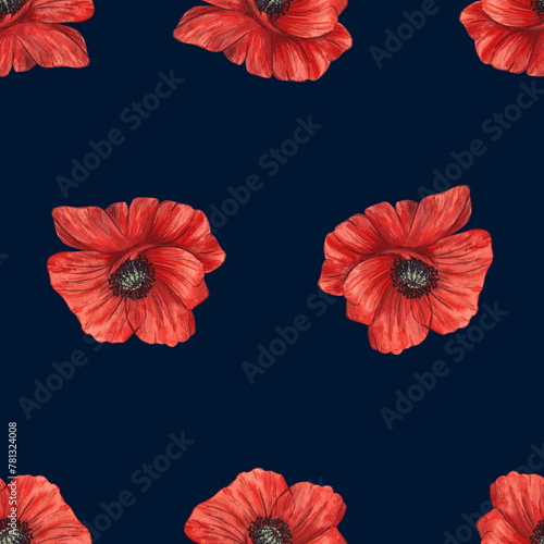 Seamless watercolor pattern with red poppies on a dark background.