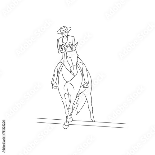 A rider on a horse performs in the discipline of working  equitation, demonstrates an element of side pass