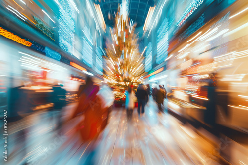 Dynamic Urban Crowd with Colorful Motion Blur. Abstract image of a bustling city scene with motion blur and vibrant colors, ideal for urban lifestyle themes. photo