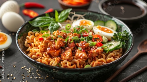 A bowl of noodles with meat and veggies