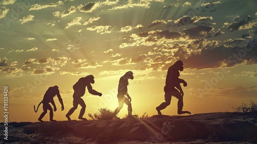 Human evolution. A study of the sequence of biological evolution of Homo sapiens. monkey, ape, ancient humans, modern humansShadows reflecting light when the sun sets.  Silhouette concept