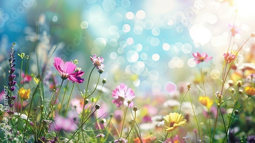 Colorful flower meadow with sun beams and blue sky and bokeh lights in summer nature background banner summer greeting card wildflowers spring concept ,with copy space  © siriporn
